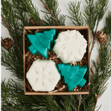 Boxed set of Christmas tree and snowflake soaps nestled on evergreen sprigs.