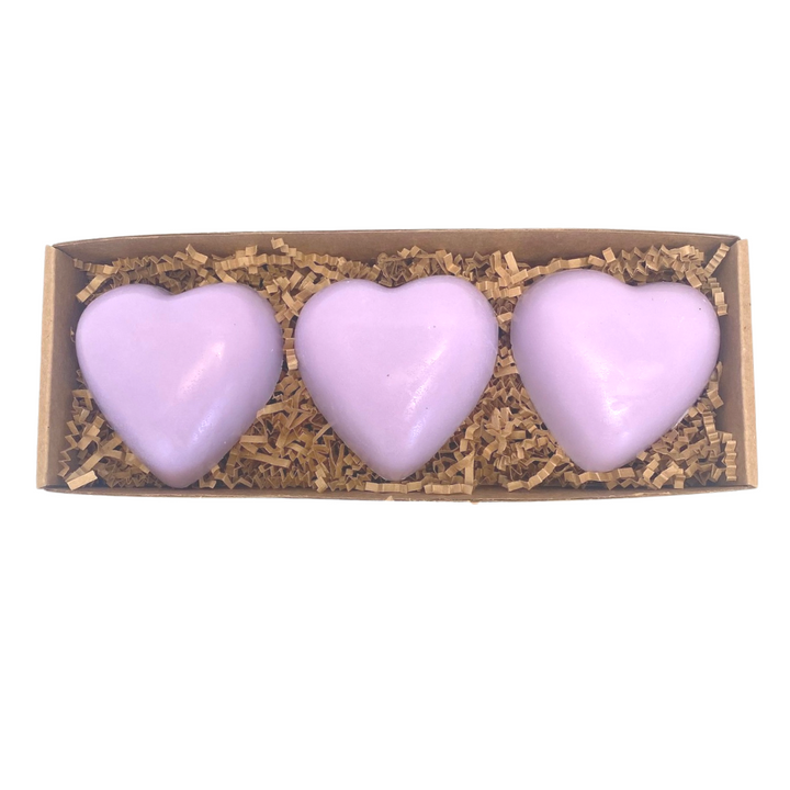 Three purple heart soaps in a box. Self care in a box. Caregiver need self care with lavender essential oil to soothe.