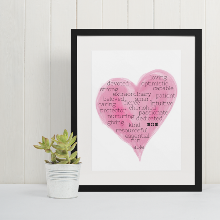 a framed print that says mom and has words that celebrate mom. Words that uplift a mom. Mommy celebration.